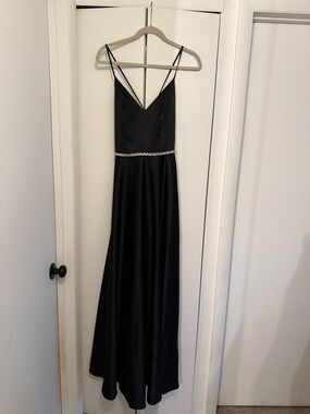 David’s Bridal Black Satin Maxi Dress with Beaded Waist